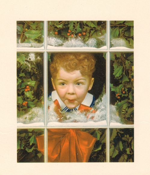 Vintage American Christmas Card--excited boy peering through window